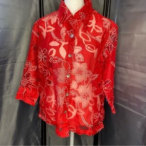 Women's Choices Semi Sheer Button Up Blouse Shirt Red White Floral M